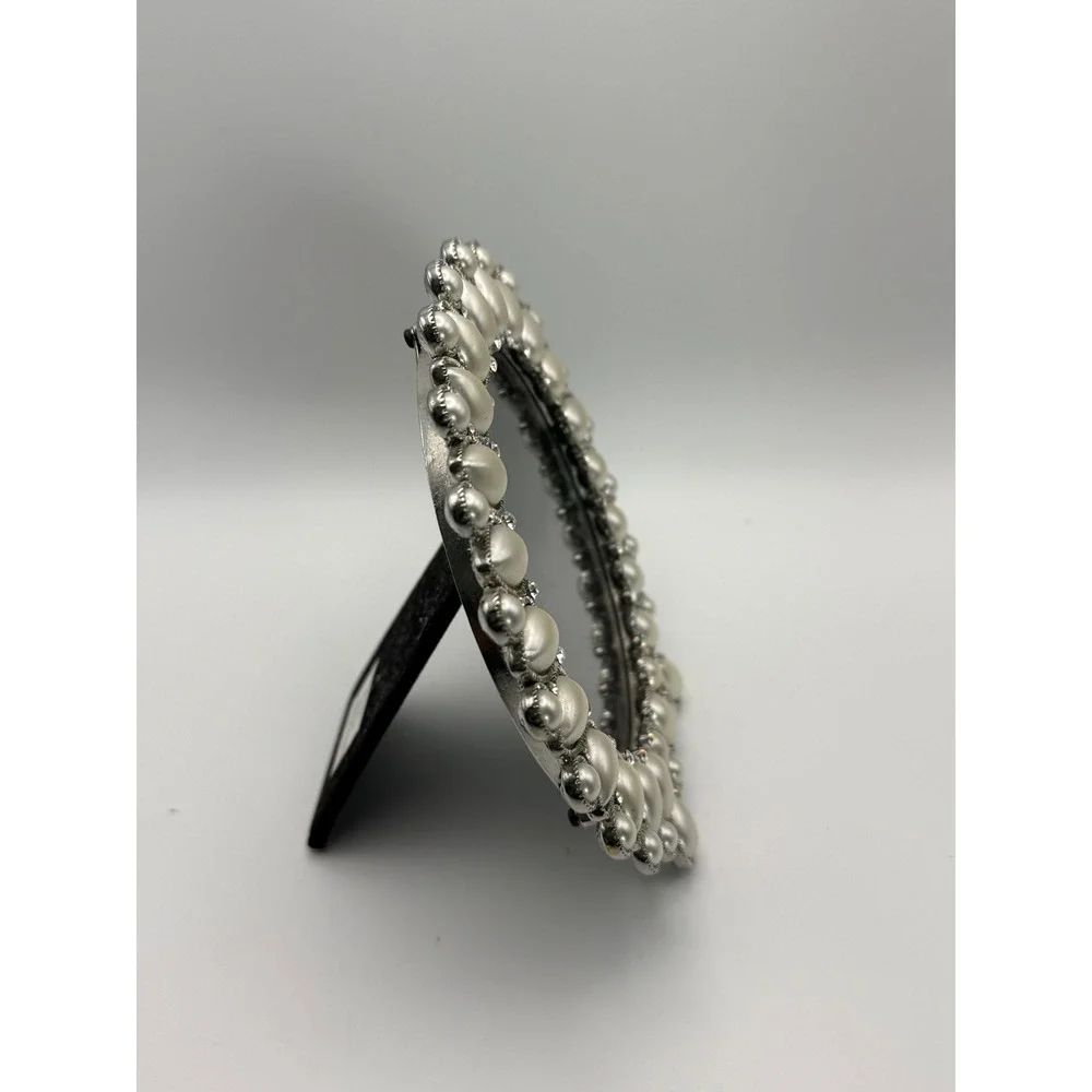 Decorative Jeweled Picture Frame‎ Pearl Rhinestone Ornate Tabletop Silver Tone